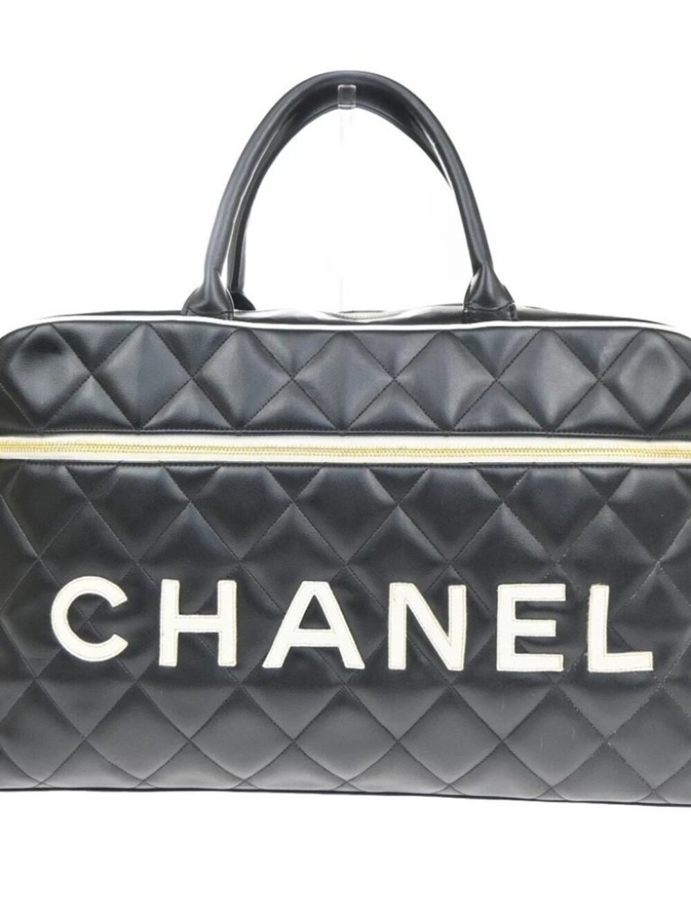 CHANEL Matelasse Travel Boston Hand Bag Leather Black France Vintage